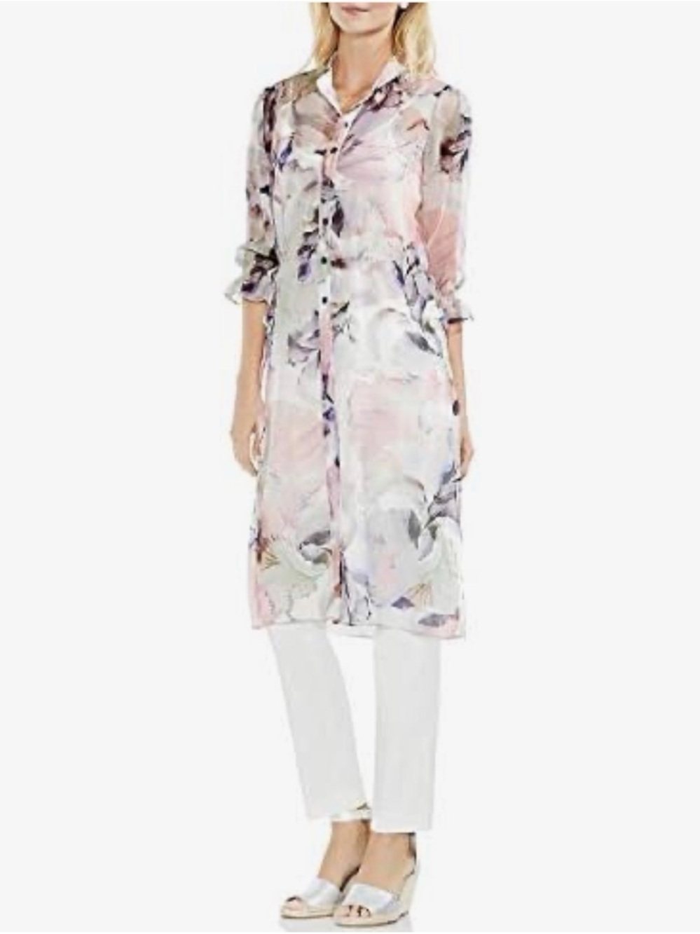 Vince Camuto Pastel Sheer Floral Duster Sz M in Pink, Lavender and Cream - Picture 2 of 7